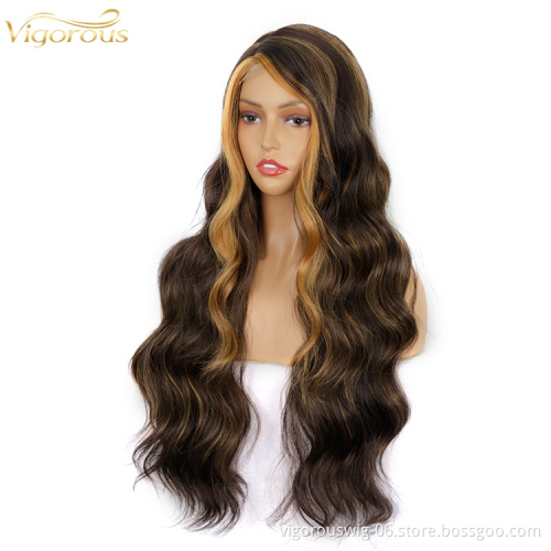 Highlight Blonde High Quality Side Part Synthetic lace Long Wavy Glueless Wig Women Cosplay Heat Resistant Fiber Curly Color Wig